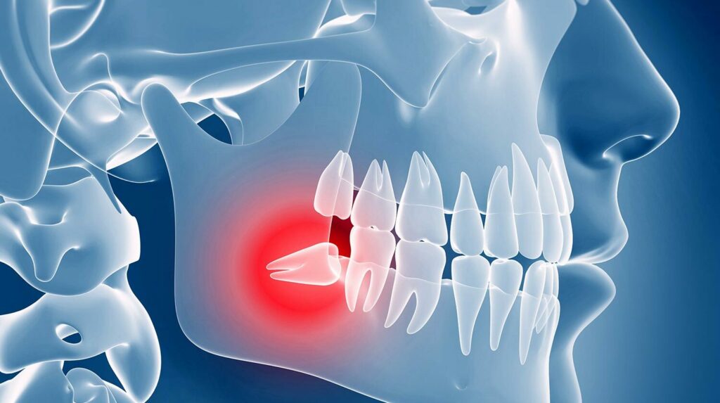 graphic of impacted wisdom tooth red with pain